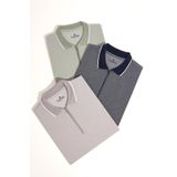 Tudors Erkek 3'lü Paket Mint-Gri-Lacivert Slim Fit Pamuklu Düz Fermuarlı Pike Polo Yaka Tişört