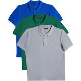Tudors Erkek 3'lü Paket Saks Mavi-Zümrüt Yeşili-Gri Slim Fit Dar Kesim Pamuklu Düz Pike Polo Yaka Tişört - XL - Saks Mavisi - Zümrüt Yeşili - Gri