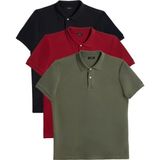 Tudors Erkek 3'lü Paket Siyah-Bordo-Haki Slim Fit Dar Kesim Pamuklu Düz Pike Polo Yaka Tişört - Siyah - Bordo - Haki