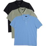 Tudors Erkek 3'lü Paket Siyah-Haki-Açık Mavi Slim Fit Dar Kesim Pamuklu Düz Pike Polo Yaka Tişört - Haki - Siyah - Açık Mavi - XL