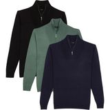Tudors Erkek 3'lü Paket Siyah-Yeşil-Lacivert Slim Fit Dar Kesim Fermuarlı Dik Yaka Triko Kazak - 2XL