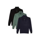 Tudors Erkek 3'lü Paket Siyah-Yeşil-Lacivert Slim Fit Dar Kesim Fermuarlı Dik Yaka Triko Kazak