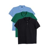 Tudors Erkek 3'lü Paket Siyah-Yeşil-Mavi Slim Fit Dar Kesim Pamuklu Düz Pike Polo Yaka Tişört