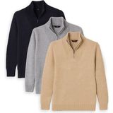 Tudors Erkek 3'lü Paket Taş-Açık Gri-Lacivert Slim Fit Dar Kesim Fermuarlı Dik Yaka Triko Kazak - Karışık