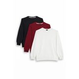 Tudors Erkek 3'lü Siyah-Bordo-Beyaz Relax Fit Rahat Kesim %100 Pamuk 2 İplik Bisiklet Yaka Sweatshirt