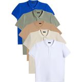 Tudors Erkek 5'li Paket Beyaz-Mavi-Taş-Vizon-Haki Slim Fit Pamuklu Düz Pike Polo Yaka Tişört