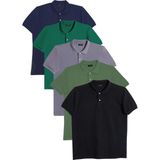 Tudors Erkek 5'li Paket Gri-Açık Yeşil-Lacivert-Yeşil-Siyah Slim Fit Pamuklu Düz Pike Polo Yaka Tişört