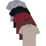 Tudors Erkek 5'li Paket Gri-Kahverengi-Kırmızı-Siyah-Taş Regular Fit Pamuklu Düz Pike Polo Yaka Tişört - Gri - Kahverengi - Kırmızı - Siyah - Taş