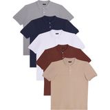 Tudors Erkek 5'li Paket Gri-Lacivert-Beyaz-Kahverengi-Taş Regular Fit Pamuklu Düz Pike Polo Yaka Tişört
