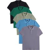 Tudors Erkek 5'li Paket Gri-Mavi-Haki-Yeşil-Siyah Slim Fit Pamuklu Düz Pike Polo Yaka Tişört