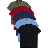 Tudors Erkek 5'li Paket Haki-Yeşil-Lacivert-Mavi-Siyah Slim Fit Dar Kesim Pamuklu Düz Polo Yaka Tişört - Renkli - XL
