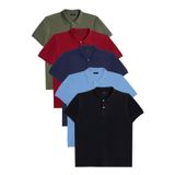 Tudors Erkek 5'li Paket Haki-Yeşil-Lacivert-Mavi-Siyah Slim Fit Dar Kesim Pamuklu Düz Polo Yaka Tişört