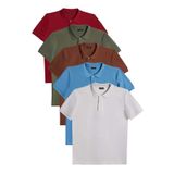 Tudors Erkek 5'li Paket Kahverengi-Gri-Bordo-Haki-Mavi Slim Fit Dar Kesim Pamuklu Düz Pike Polo Yaka Tişört