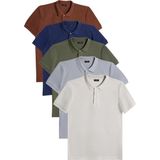 Tudors Erkek 5'li Paket Kahverengi-Lacivert-Haki-Gri-Açık Gri Slim Fit Pamuklu Düz Pike Polo Yaka Tişört - XL