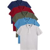 Tudors Erkek 5'li Paket Lacivert-Gri-Haki-Bordo-Mavi Slim Fit Dar Kesim Pamuklu Düz Pike Polo Yaka Tişört