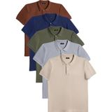 Tudors Erkek 5'li Paket Lacivert-Haki-Toprak-Bej-Gri Slim Fit Dar Kesim Pamuklu Düz Pike Polo Yaka Tişört - XL - Renkli