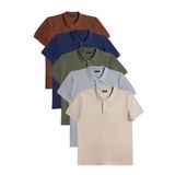 Tudors Erkek 5'li Paket Lacivert-Haki-Toprak-Bej-Gri Slim Fit Dar Kesim Pamuklu Düz Pike Polo Yaka Tişört