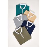 Tudors Erkek 5'li Paket Lacivert-Haki-Yeşil-Vizon-Gri Slim Fit Pamuklu Düz Fermuarlı Pike Polo Yaka Tişört