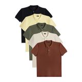 Tudors Erkek 5'li Paket Polo Yaka T-shirt, Slim Fit, Pamuklu Pike, Siyah-Sarı-Haki-Ekru-Kahverengi, 2XL