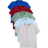 Tudors Erkek 5'li Paket Saks Mavi-Bordo-Su Yeşili-Mavi-Gri Slim Fit Pamuklu Düz Pike Polo Yaka Tişört - Multicolor