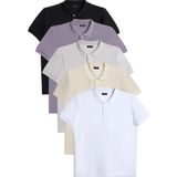 Tudors Erkek 5'li Paket Siyah-Beyaz-Ekru-Taş-Gri Slim Fit Dar Kesim Pamuklu Düz Pike Polo Yaka Tişört - Renkli - 2XL