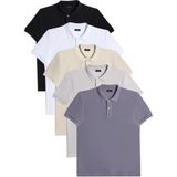 Tudors Erkek 5'li Paket Siyah-Beyaz-Ekru-Taş-Gri Slim Fit Dar Kesim Pamuklu Düz Pike Polo Yaka Tişört - Renkli