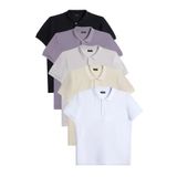 Tudors Erkek 5'li Paket Siyah-Beyaz-Ekru-Taş-Gri Slim Fit Dar Kesim Pamuklu Düz Pike Polo Yaka Tişört