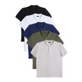 Tudors Erkek 5'li Paket Siyah-Beyaz-Lacivert-Haki-Gri Slim Fit Dar Kesim Pamuklu Düz Pike Polo Yaka Tişört