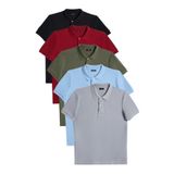 Tudors Erkek 5'li Paket Siyah-Bordo-Haki-Mavi-Gri Slim Fit Dar Kesim Pamuklu Düz Pike Polo Yaka Tişört