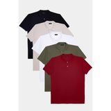 Tudors Erkek 5'li Paket Siyah-Gri-Beyaz-Haki-Bordo Slim Fit Dar Kesim Pamuklu Düz Pike Polo Yaka Tişört - Multistripe Navy