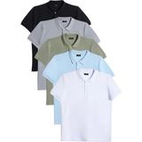 Tudors Erkek 5'li Paket Siyah-Gri-Haki-Mavi-Beyaz Slim Fit Dar Kesim Pamuklu Düz Pike Polo Yaka Tişört - Multi Renk