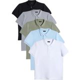Tudors Erkek 5'li Paket Siyah-Gri-Haki-Mavi-Beyaz Slim Fit Dar Kesim Pamuklu Düz Pike Polo Yaka Tişört - Renkli