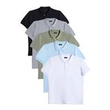 Tudors Erkek 5'li Paket Siyah-Gri-Haki-Mavi-Beyaz Slim Fit Dar Kesim Pamuklu Düz Pike Polo Yaka Tişört