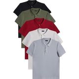 Tudors Erkek 5'li Paket Siyah-Haki-Bordo-Gri-Koyu Gri Slim Fit Dar Kesim Pamuklu Düz Pike Polo Yaka Tişört - Multicolor - 2XL