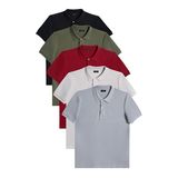 Tudors Erkek 5'li Paket Siyah-Haki-Bordo-Gri-Koyu Gri Slim Fit Dar Kesim Pamuklu Düz Pike Polo Yaka Tişört