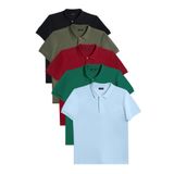 Tudors Erkek 5'li Paket Siyah-Haki-Bordo-Zümrüt Yeşili-Mavi Slim Fit Pamuklu Düz Pike Polo Yaka Tişört