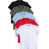 Tudors Erkek 5'li Paket Siyah-Haki-Koyu Mavi-Kırmızı-Beyaz Slim Fit Pamuklu Düz Pike Polo Yaka Tişört - Multicolor - XL