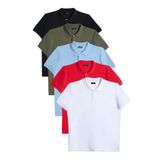 Tudors Erkek 5'li Paket Siyah-Haki-Koyu Mavi-Kırmızı-Beyaz Slim Fit Pamuklu Düz Pike Polo Yaka Tişört