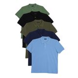 Tudors Erkek 5'li Paket Siyah-Haki-Su Yeşili-Koyu Mavi-Lacivert Slim Fit Pamuklu Düz Pike Polo Yaka Tişört