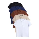 Tudors Erkek 5'li Paket Siyah-Lacivert-Kahve-Taş-Beyaz Slim Fit Dar Kesim Pamuklu Düz Pike Polo Yaka Tişört