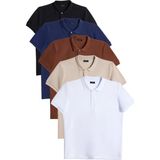 Tudors Erkek 5'li Paket Siyah-Lacivert-Kahve-Taş-Beyaz Slim Fit Dar Kesim Pamuklu Düz Pike Polo Yaka Tişört