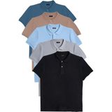 Tudors Erkek 5'li Paket Siyah-Mavi-Gri-Vizon-Petrol Slim Fit Pamuklu Düz Pike Polo Yaka Tişört