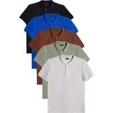 Tudors Erkek 5'li Paket Siyah-Saks Mavi-Kahverengi-Haki-Gri Slim Fit Pamuklu Düz Pike Polo Yaka Tişört - Multi Renk
