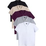 Tudors Erkek 5'li Paket Siyah-Taş-Gri-Mor-Beyaz Slim Fit Dar Kesim Pamuklu Düz Pike Polo Yaka Tişört - XL
