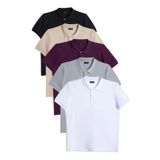 Tudors Erkek 5'li Paket Siyah-Taş-Gri-Mor-Beyaz Slim Fit Dar Kesim Pamuklu Düz Pike Polo Yaka Tişört
