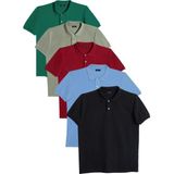 Tudors Erkek 5'li Paket Siyah-Yeşil-Mavi-Bordo-Haki Slim Fit Pamuklu Düz Pike Polo Yaka Tişört - XL