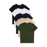Tudors Erkek 5'li Paket Slim Fit Bisiklet Yaka Tişört, Siyah-Beyaz-Lacivert-Vanilya-Haki,%100 Pamuk, L Beden