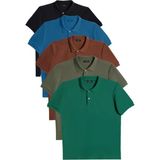 Tudors Erkek 5'li Paket Yeşil-Haki-Kahverengi-Mavi-Siyah Slim Fit Dar Kesim Pamuklu Düz Pike Polo Yaka Tişö
