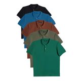 Tudors Erkek 5'li Paket Yeşil-Haki-Kahverengi-Mavi-Siyah Slim Fit Dar Kesim Pamuklu Polo Yaka Pike Tişört