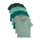 Tudors Erkek 5'li Paket Yeşil Tonları Slim Fit Dar Kesim Pamuklu Düz Pike Polo Yaka Tişört
